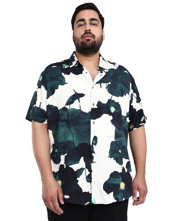 Rare Rabbit Men's Jersey Green Cotton Fabric Floral Print Half Sleeves Shirt Plus Size