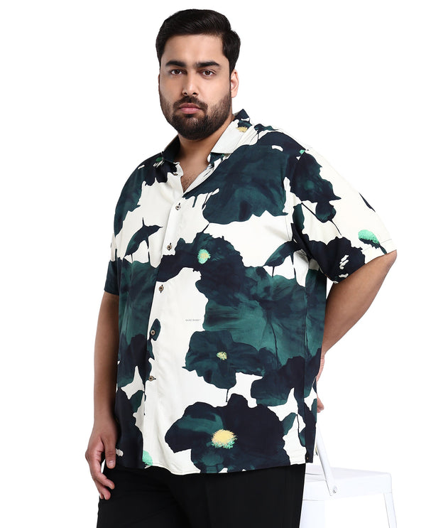 Rare Rabbit Men's Jersey Green Cotton Fabric Floral Print Half Sleeves Shirt Plus Size