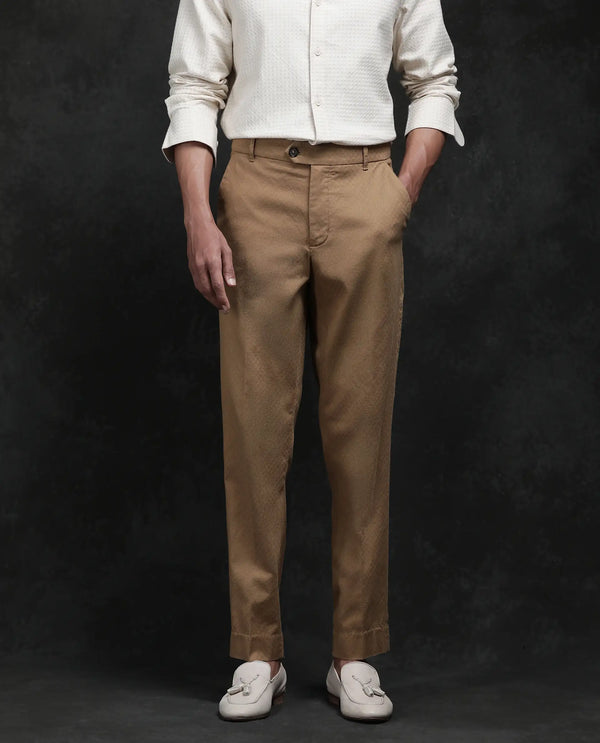 Rare Rabbit Men Jes Khaki Cotton Lycra Fabric Regular Fit Jacquard Trouser