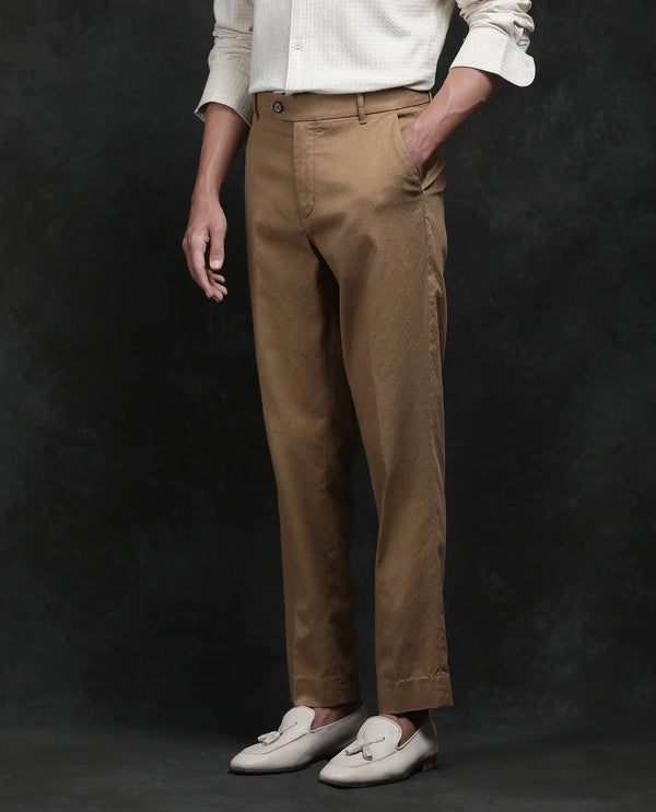 Rare Rabbit Men Jes Khaki Cotton Lycra Fabric Regular Fit Jacquard Trouser