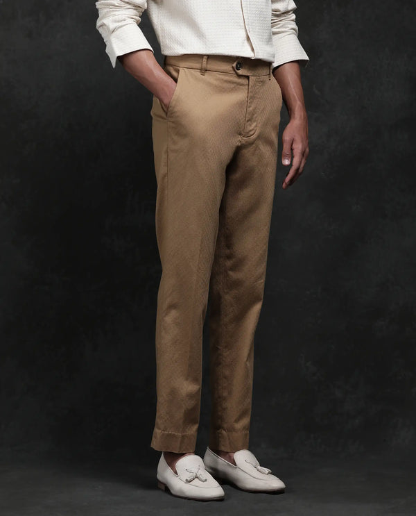 Rare Rabbit Men Jes Khaki Cotton Lycra Fabric Regular Fit Jacquard Trouser