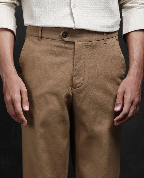 Rare Rabbit Men Jes Khaki Cotton Lycra Fabric Regular Fit Jacquard Trouser