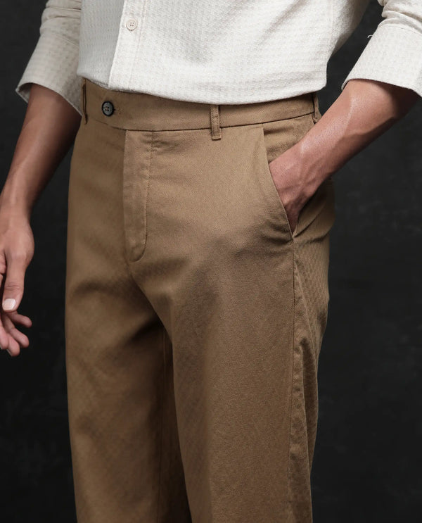 Rare Rabbit Men Jes Khaki Cotton Lycra Fabric Regular Fit Jacquard Trouser