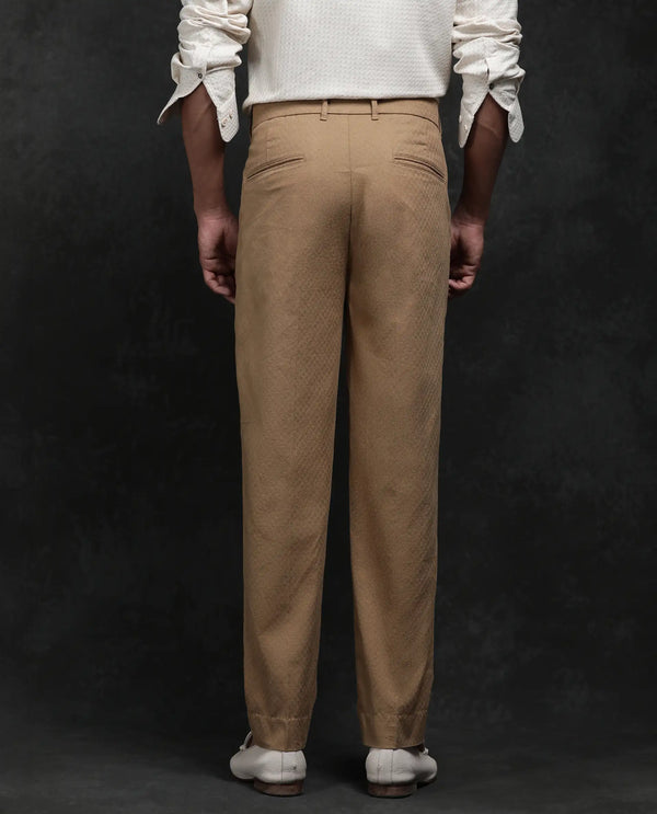 Rare Rabbit Men Jes Khaki Cotton Lycra Fabric Regular Fit Jacquard Trouser