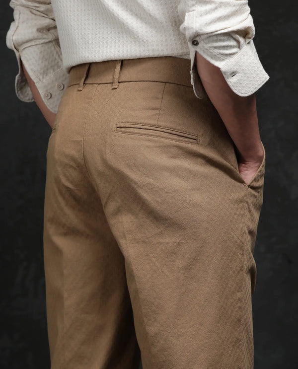 Rare Rabbit Men Jes Khaki Cotton Lycra Fabric Regular Fit Jacquard Trouser
