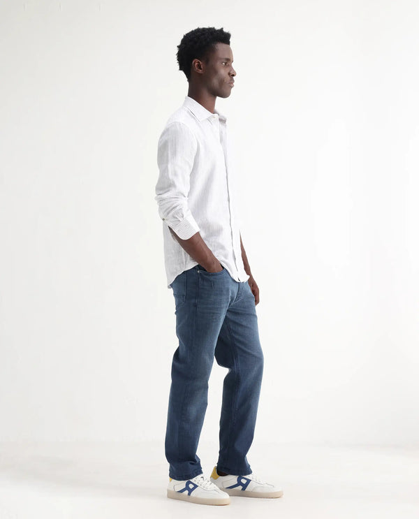 Rare Rabbit Men Jett Light Blue Cotton Blend Fabric Mid Rise Button and Zip Closure Mid Wash Plain Jeans