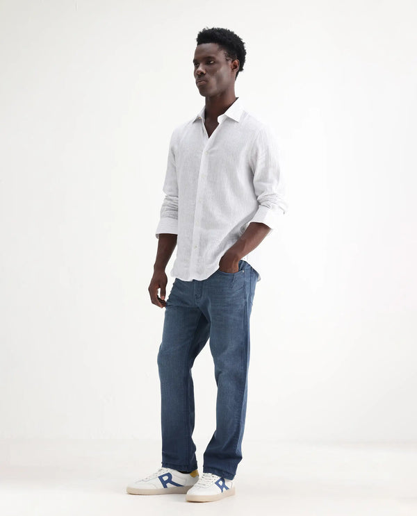 Rare Rabbit Men Jett Light Blue Cotton Blend Fabric Mid Rise Button and Zip Closure Mid Wash Plain Jeans