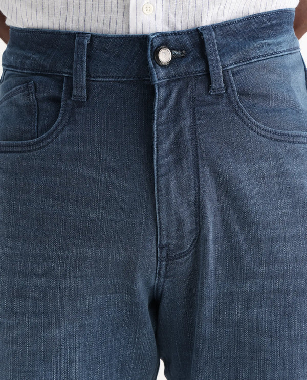 Rare Rabbit Men Jett Light Blue Cotton Blend Fabric Mid Rise Button and Zip Closure Mid Wash Plain Jeans