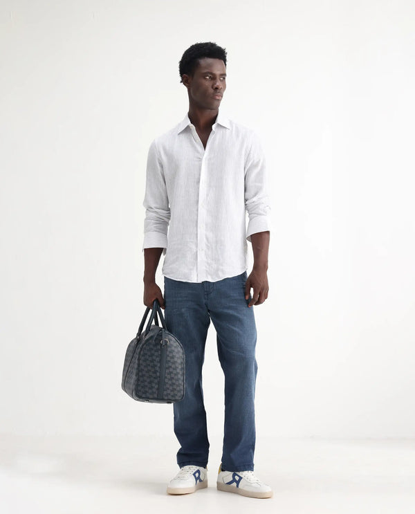 Rare Rabbit Men Jett Light Blue Cotton Blend Fabric Mid Rise Button and Zip Closure Mid Wash Plain Jeans