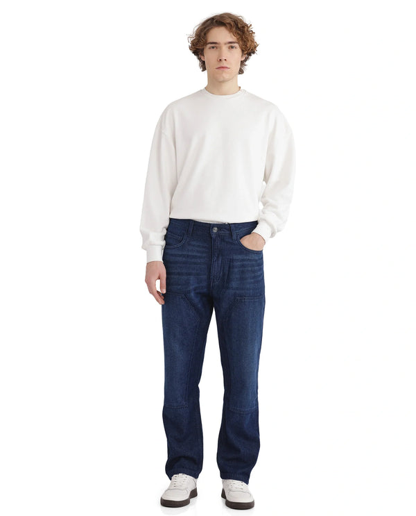 Rare Rabbit Men's Jettor Dark Blue Cotton Fabric Mid Rise Dark Wash Relaxed Fit Plain Jeans