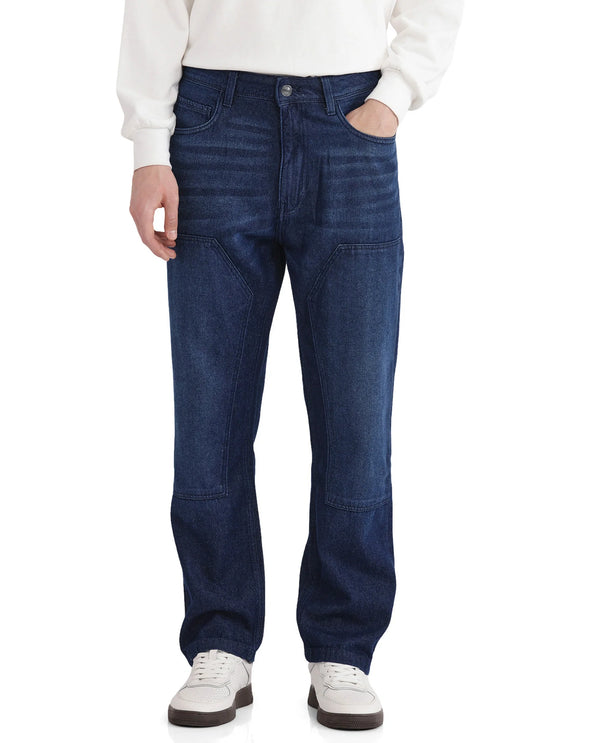 Rare Rabbit Men's Jettor Dark Blue Cotton Fabric Mid Rise Dark Wash Relaxed Fit Plain Jeans