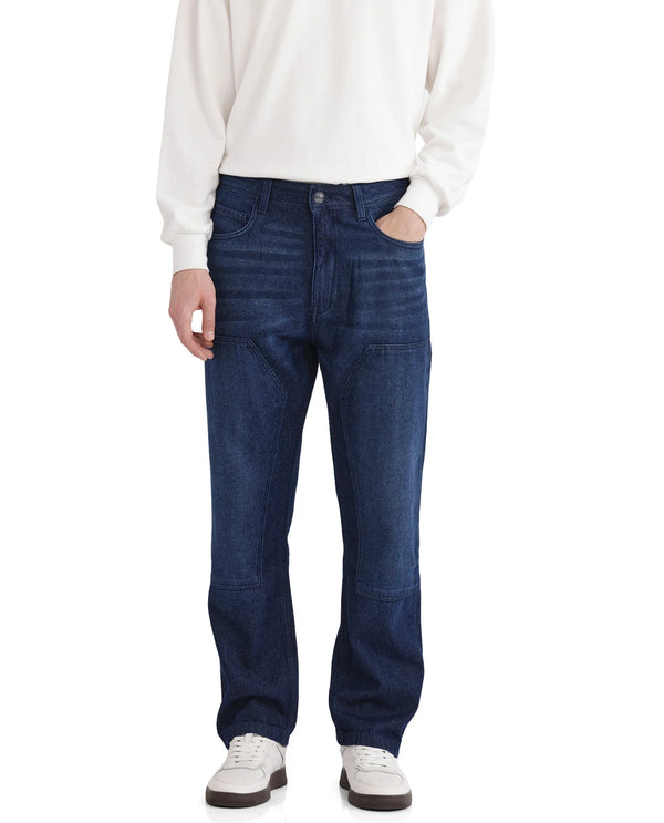 Rare Rabbit Men's Jettor Dark Blue Cotton Fabric Mid Rise Dark Wash Relaxed Fit Plain Jeans