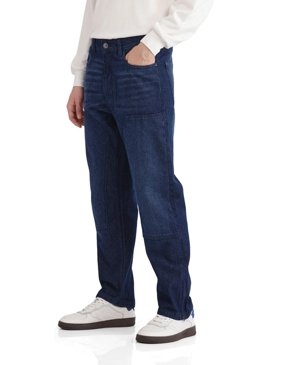 Rare Rabbit Men's Jettor Dark Blue Cotton Fabric Mid Rise Dark Wash Relaxed Fit Plain Jeans