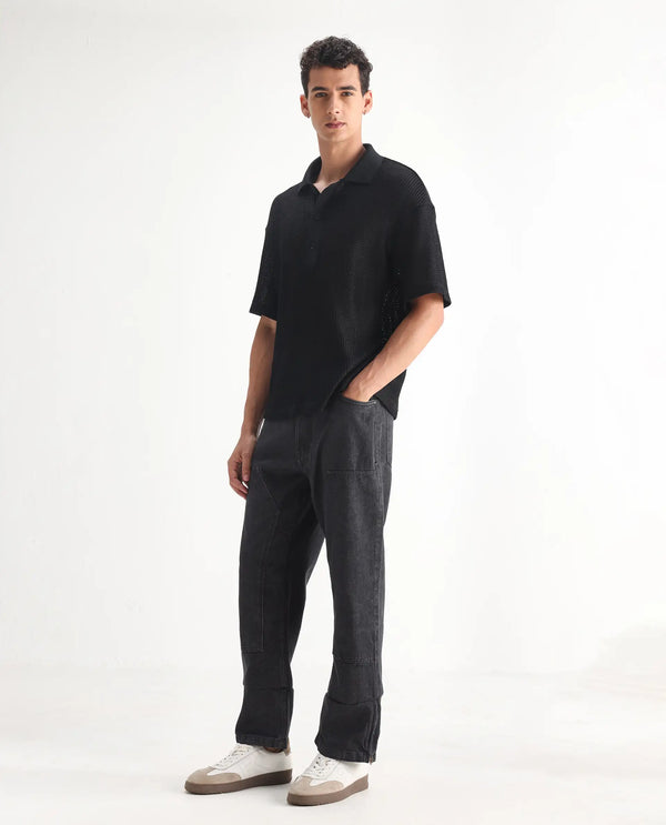 Rare Rabbit Men's Jettor Dark Grey Cotton Fabric Mid Rise Dark Wash Relaxed Fit Plain Jeans