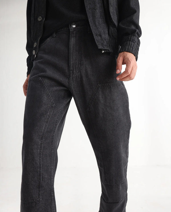 Rare Rabbit Men's Jettor Dark Grey Cotton Fabric Mid Rise Dark Wash Relaxed Fit Plain Jeans