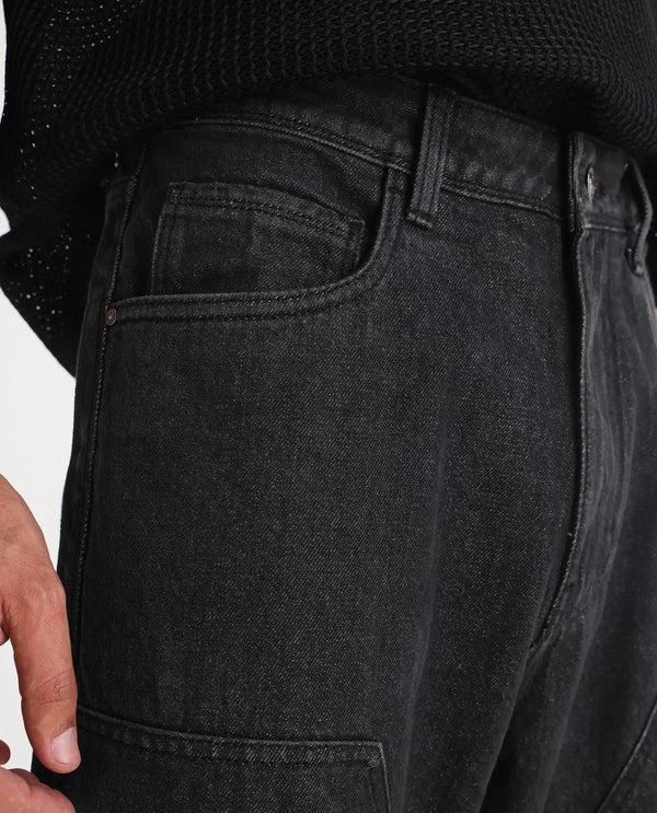 Rare Rabbit Men's Jettor Dark Grey Cotton Fabric Mid Rise Dark Wash Relaxed Fit Plain Jeans