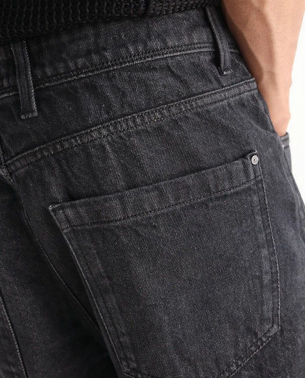 Rare Rabbit Men's Jettor Dark Grey Cotton Fabric Mid Rise Dark Wash Relaxed Fit Plain Jeans