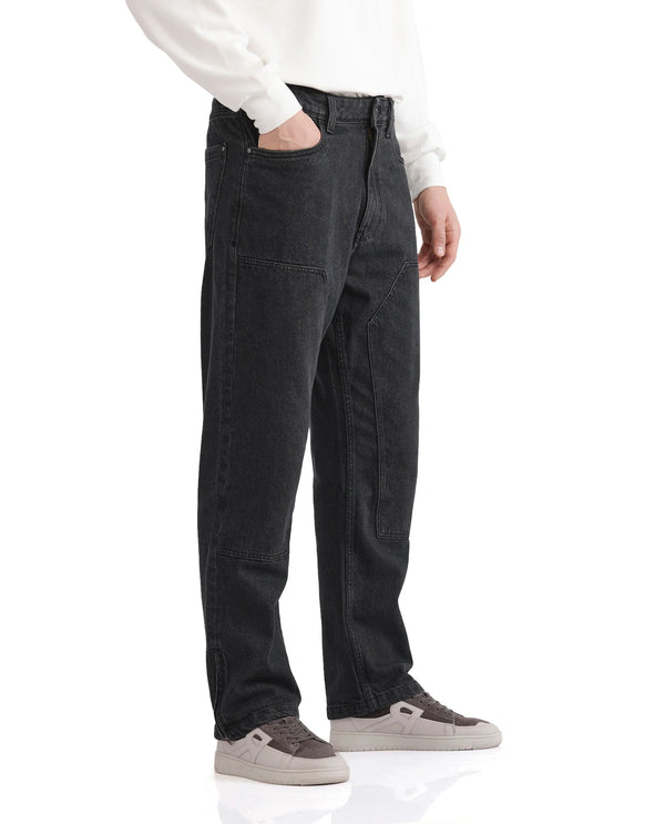 Rare Rabbit Men's Jettor Dark Grey Cotton Fabric Mid Rise Dark Wash Relaxed Fit Plain Jeans
