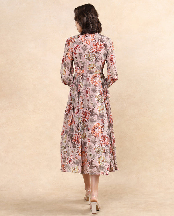 Rareism Women's Jibon Multi  V-Neck Button Closure Full Sleeve Floral Print A-Line Midi Dress