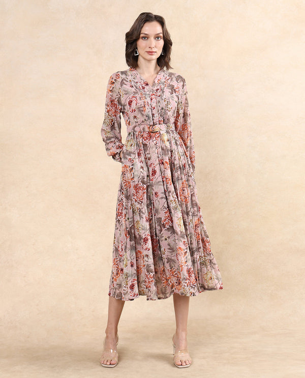 Rareism Women's Jibon Multi  V-Neck Button Closure Full Sleeve Floral Print A-Line Midi Dress