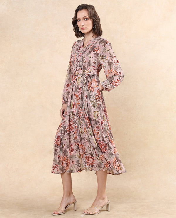 Rareism Women's Jibon Multi  V-Neck Button Closure Full Sleeve Floral Print A-Line Midi Dress