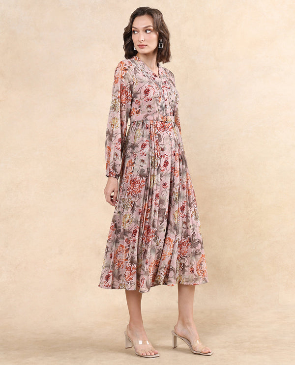 Rareism Women's Jibon Multi  V-Neck Button Closure Full Sleeve Floral Print A-Line Midi Dress