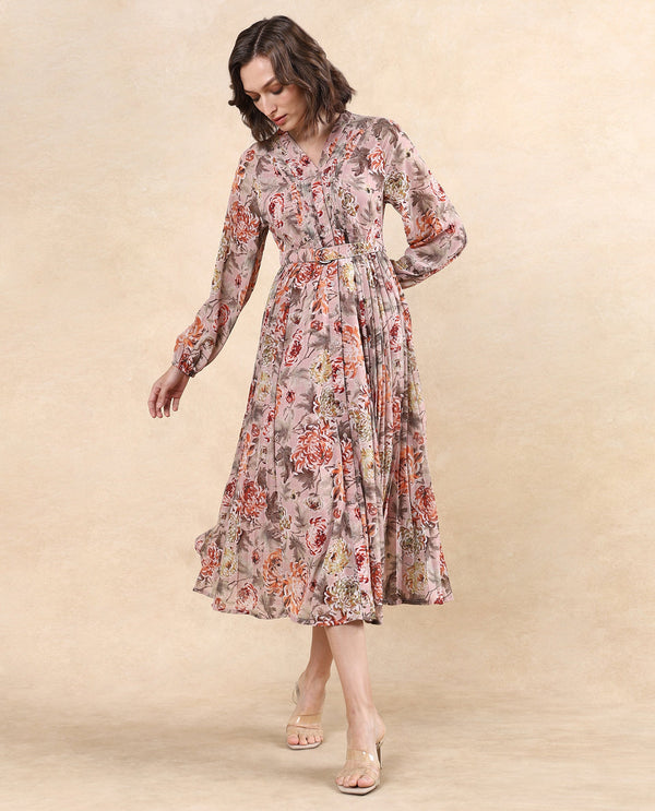 Rareism Women's Jibon Multi  V-Neck Button Closure Full Sleeve Floral Print A-Line Midi Dress