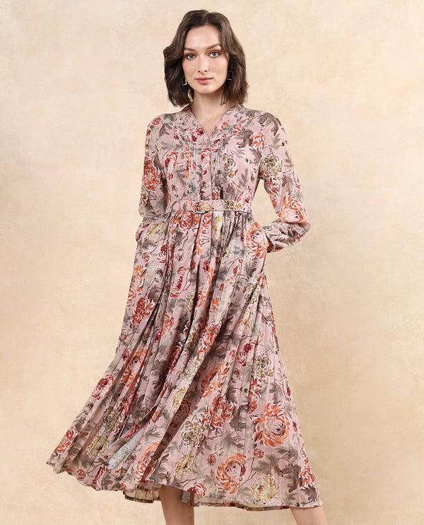 Rareism Women's Jibon Multi  V-Neck Button Closure Full Sleeve Floral Print A-Line Midi Dress