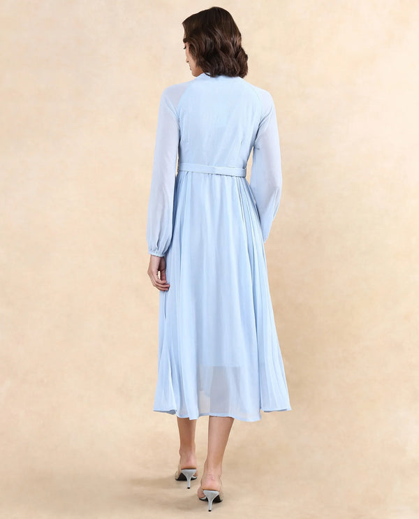 Rareism Women Jibouti Light Blue Polyester Fabric Raglan Sleeves V-Neck Button Closure A-Line Maxi Plain Dress