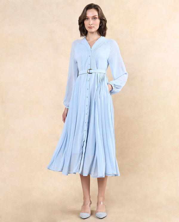 Rareism Women Jibouti Light Blue Polyester Fabric Raglan Sleeves V-Neck Button Closure A-Line Maxi Plain Dress
