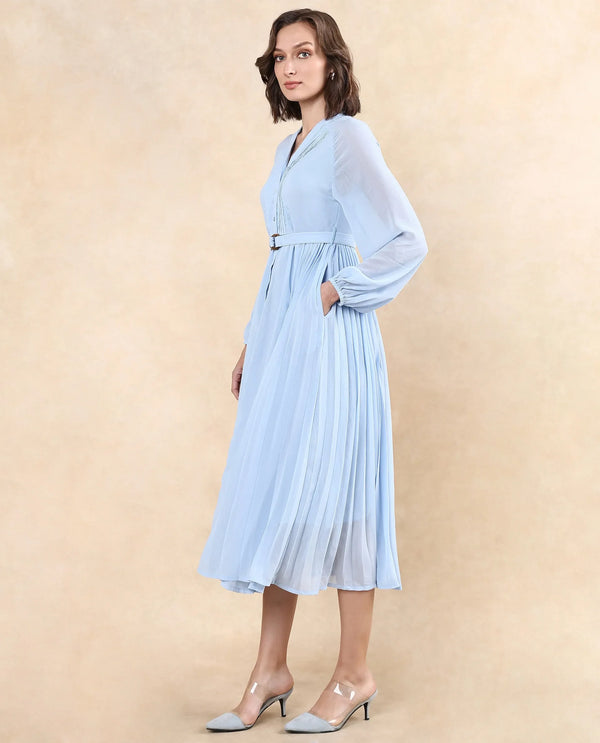 Rareism Women Jibouti Light Blue Polyester Fabric Raglan Sleeves V-Neck Button Closure A-Line Maxi Plain Dress