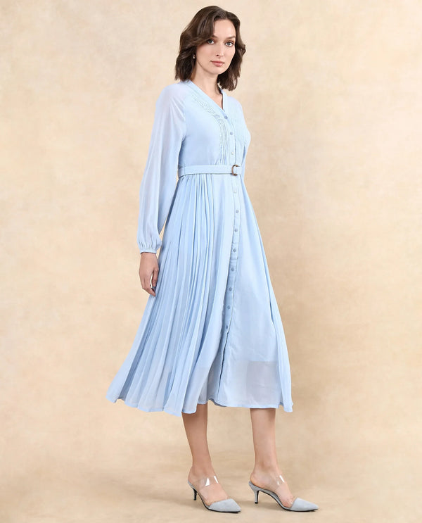 Rareism Women Jibouti Light Blue Polyester Fabric Raglan Sleeves V-Neck Button Closure A-Line Maxi Plain Dress