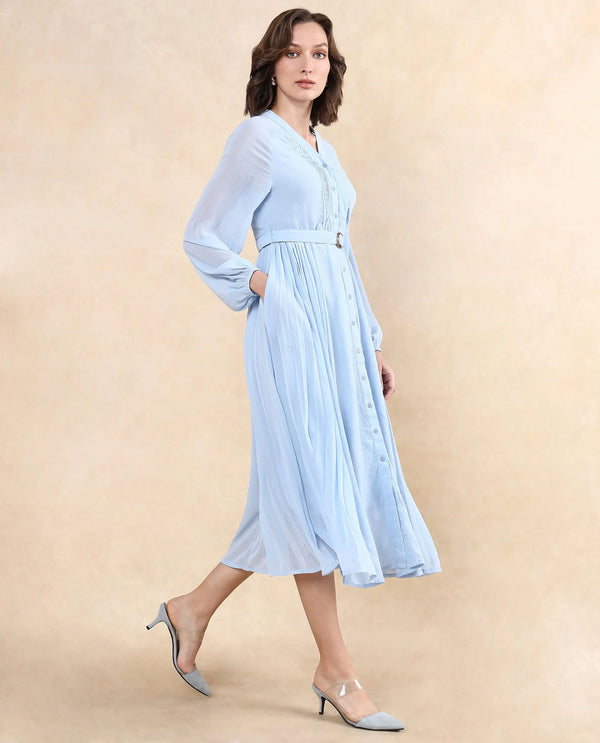Rareism Women Jibouti Light Blue Polyester Fabric Raglan Sleeves V-Neck Button Closure A-Line Maxi Plain Dress