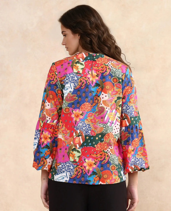 Rareism Women Jibve Multi Rayon Fabric Lantern Sleeve Round Neck Button Closure Regular Fit Abstract Print Top