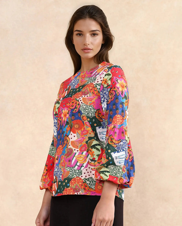 Rareism Women Jibve Multi Rayon Fabric Lantern Sleeve Round Neck Button Closure Regular Fit Abstract Print Top