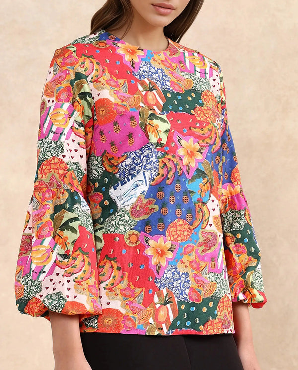 Rareism Women Jibve Multi Rayon Fabric Lantern Sleeve Round Neck Button Closure Regular Fit Abstract Print Top