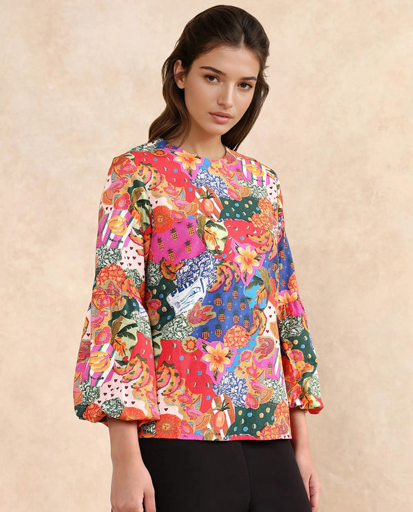Rareism Women Jibve Multi Rayon Fabric Lantern Sleeve Round Neck Button Closure Regular Fit Abstract Print Top