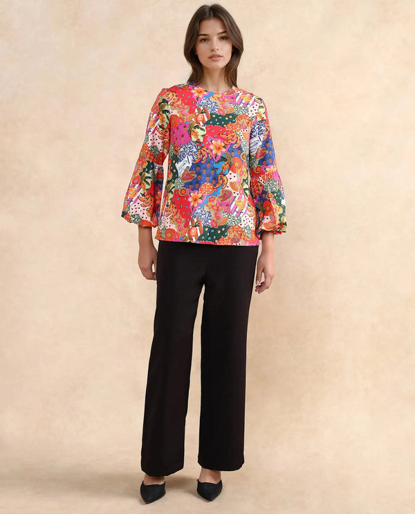 Rareism Women Jibve Multi Rayon Fabric Lantern Sleeve Round Neck Button Closure Regular Fit Abstract Print Top