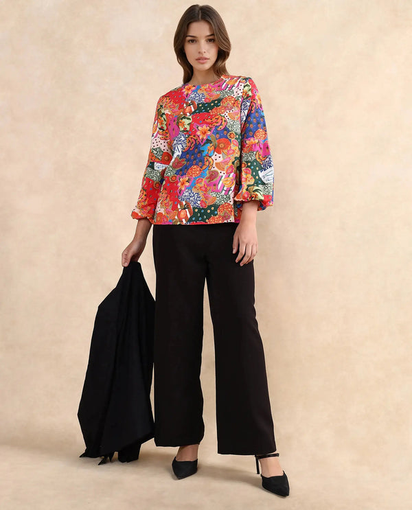Rareism Women Jibve Multi Rayon Fabric Lantern Sleeve Round Neck Button Closure Regular Fit Abstract Print Top
