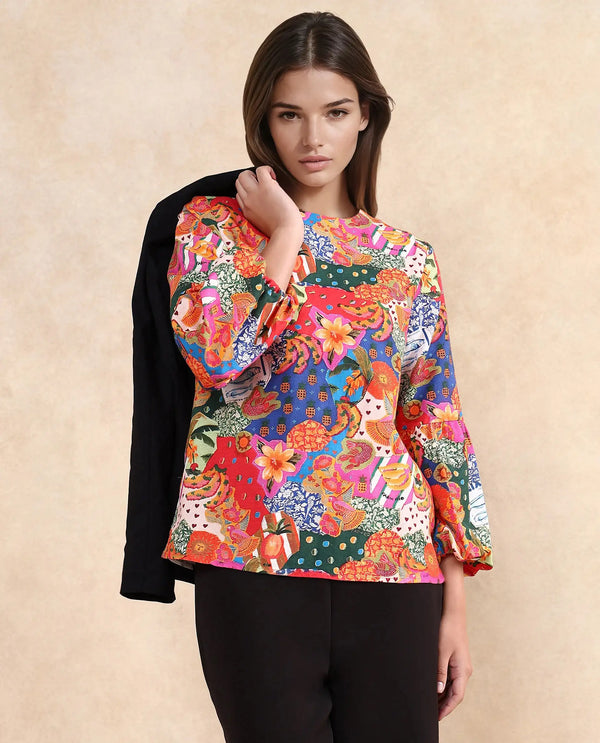 Rareism Women Jibve Multi Rayon Fabric Lantern Sleeve Round Neck Button Closure Regular Fit Abstract Print Top