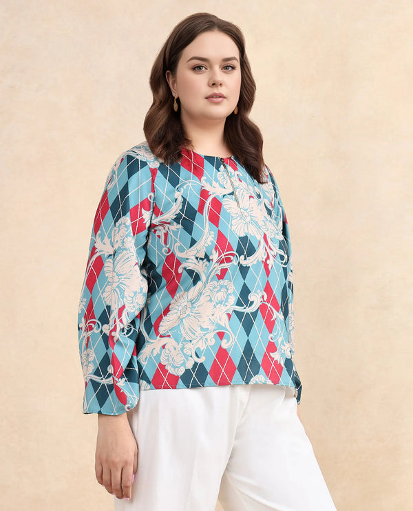 Rareism Women Jiko Multi Satin Volume Sleeve Round Neck Zipper Closure Geometric Print Top