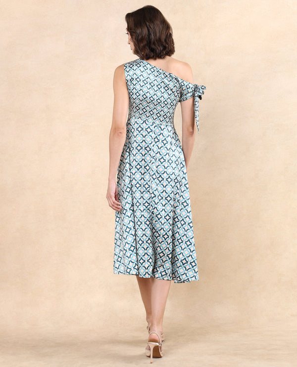 Rareism Women's Jinican Light Multi Satin Fabric Asymmetric Neck Zipper Closure Tie Up Sleeve Geometric Print Asymmetric Midi Dress