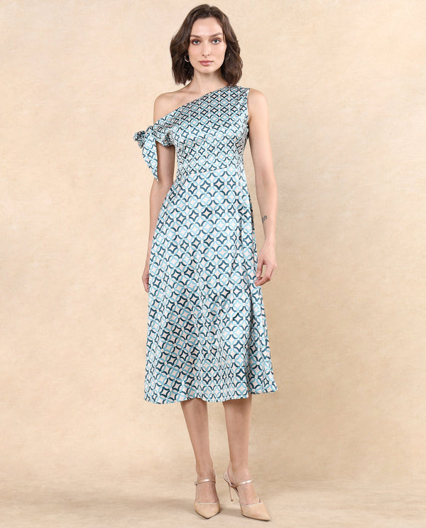 Rareism Women's Jinican Light Multi Satin Fabric Asymmetric Neck Zipper Closure Tie Up Sleeve Geometric Print Asymmetric Midi Dress