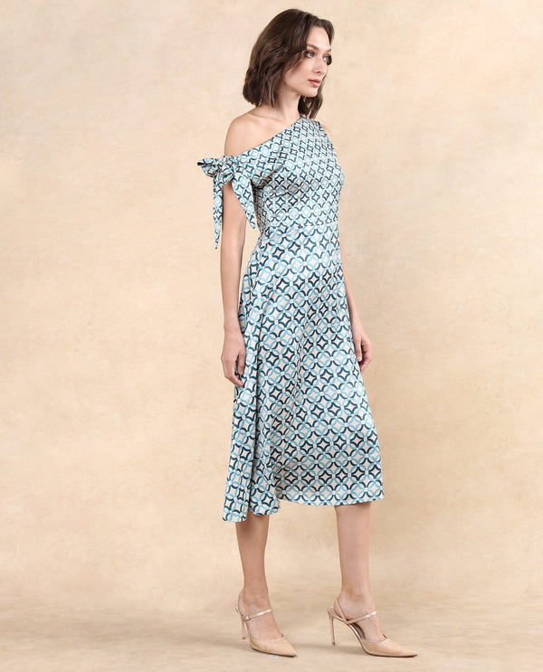 Rareism Women's Jinican Light Multi Satin Fabric Asymmetric Neck Zipper Closure Tie Up Sleeve Geometric Print Asymmetric Midi Dress