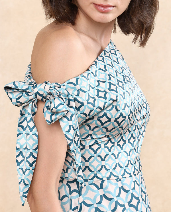 Rareism Women's Jinican Light Multi Satin Fabric Asymmetric Neck Zipper Closure Tie Up Sleeve Geometric Print Asymmetric Midi Dress