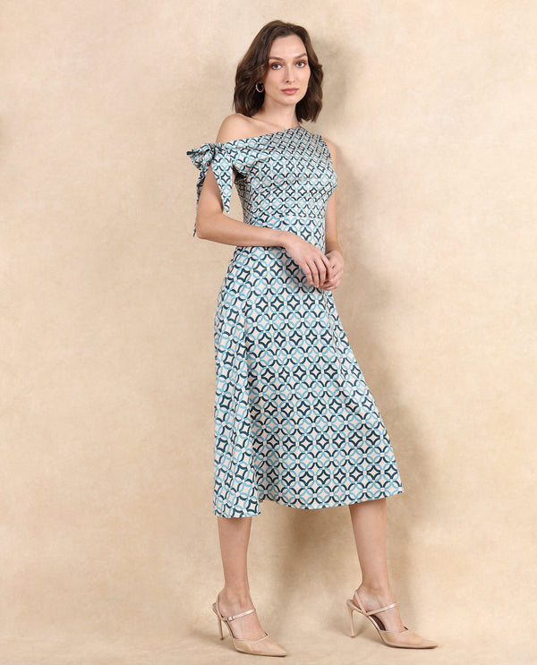 Rareism Women's Jinican Light Multi Satin Fabric Asymmetric Neck Zipper Closure Tie Up Sleeve Geometric Print Asymmetric Midi Dress