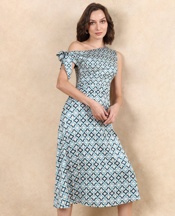 Rareism Women's Jinican Light Multi Satin Fabric Asymmetric Neck Zipper Closure Tie Up Sleeve Geometric Print Asymmetric Midi Dress