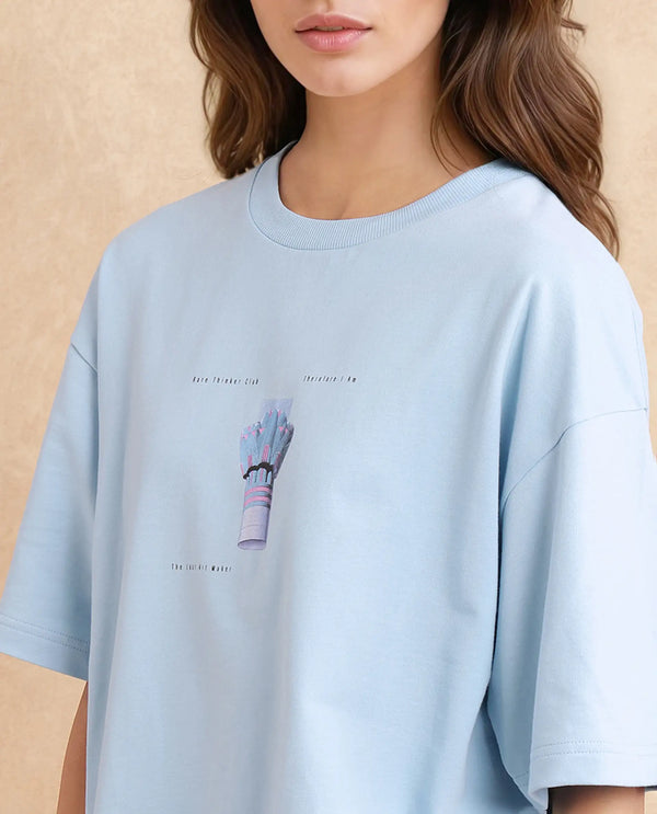 Rareism Women Jinx Blue Pull On Closure Cotton Fabric Oversized Regular Length Graphic Print T-Shirt