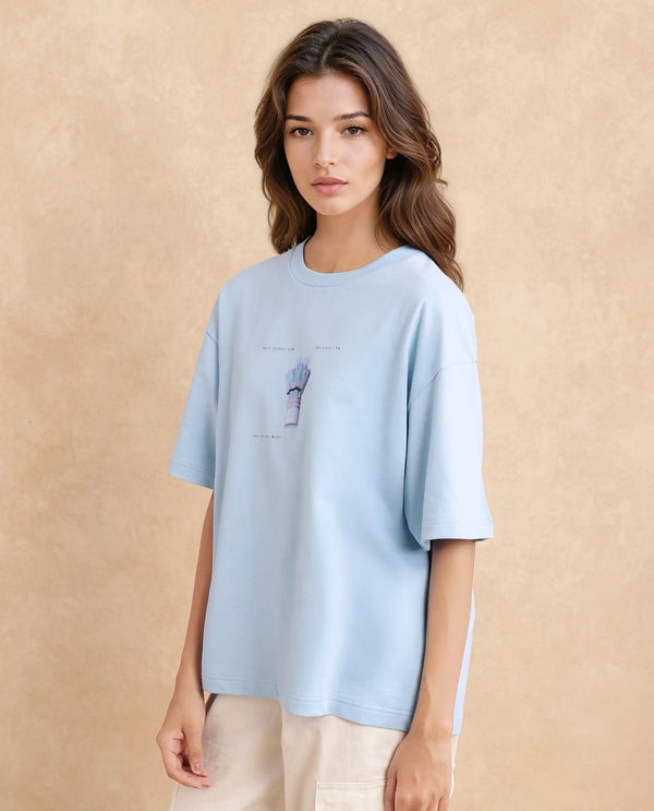 Rareism Women Jinx Blue Pull On Closure Cotton Fabric Oversized Regular Length Graphic Print T-Shirt