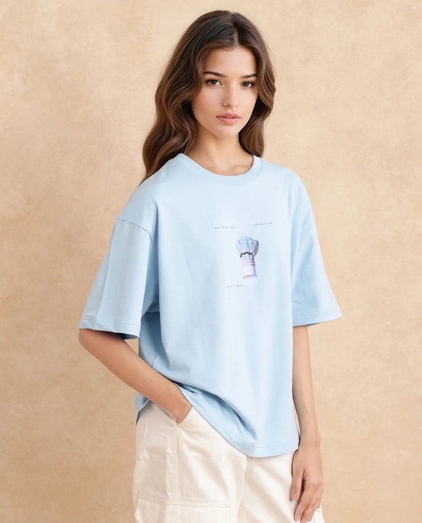 Rareism Women Jinx Blue Pull On Closure Cotton Fabric Oversized Regular Length Graphic Print T-Shirt